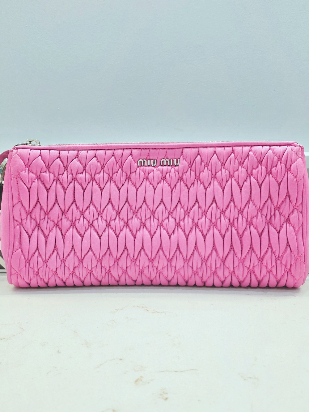 Miu Miu Pink Matelassé Leather Zip Clutch Pouch Wristlet